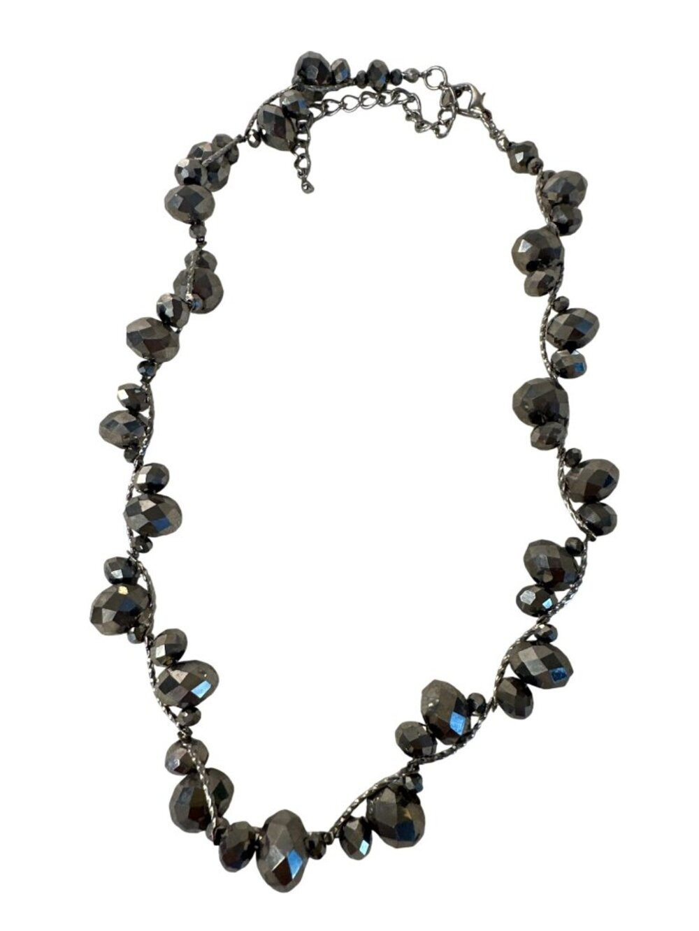 Faceted Bead Necklace Silver Tone Adjustable Gunmetal Dainty Sparkly Elegant